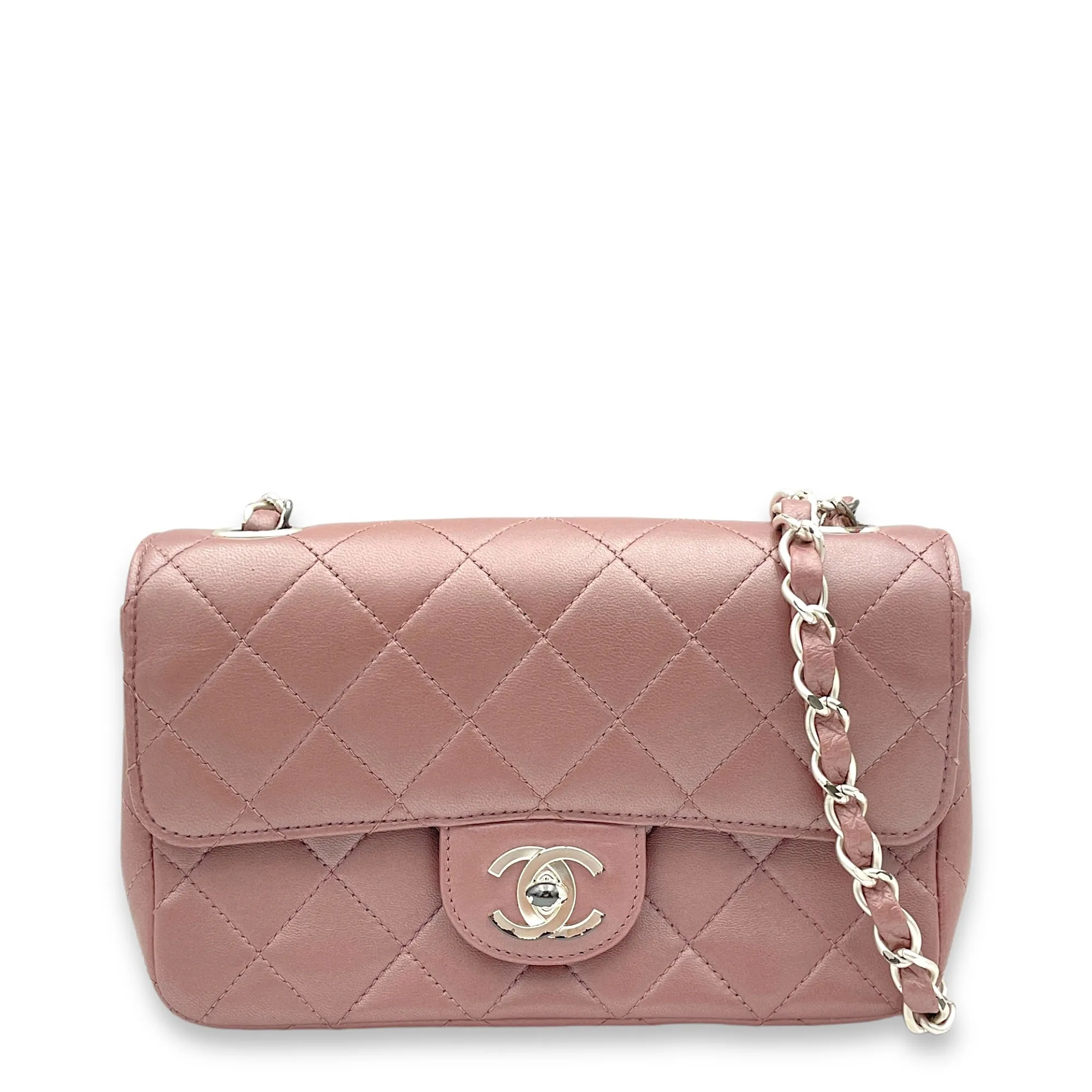 Classic Mini Pink Shoulder Bag in Lambskin, Silver hardware