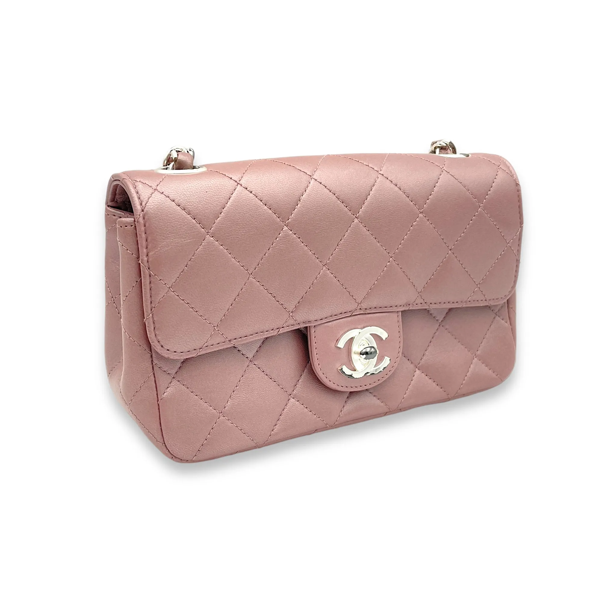 Classic Mini Pink Shoulder Bag in Lambskin, Silver hardware