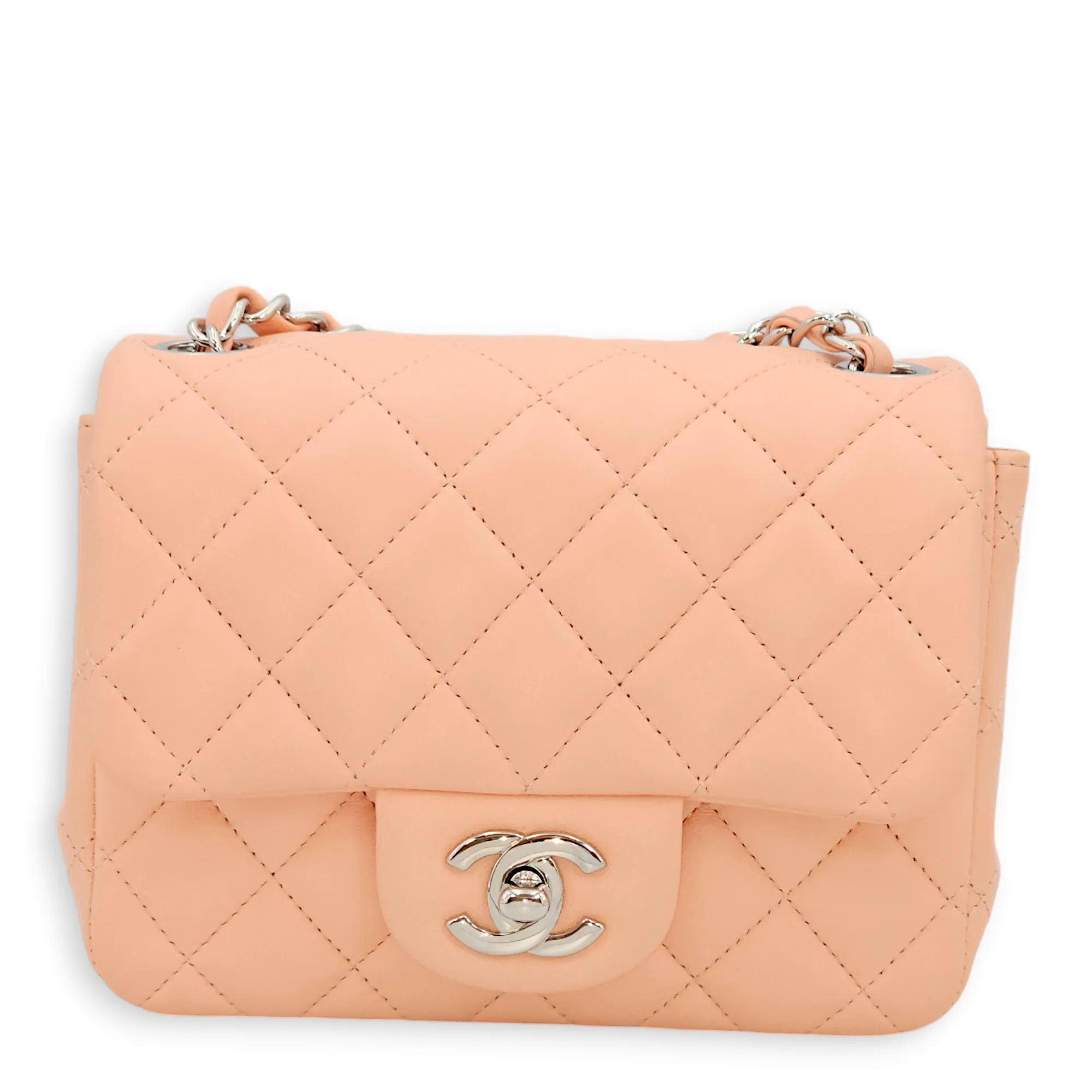 Classic Quilted Square Mini Salmon Pink Shoulder Bag in Lambskin, Palladium hardware