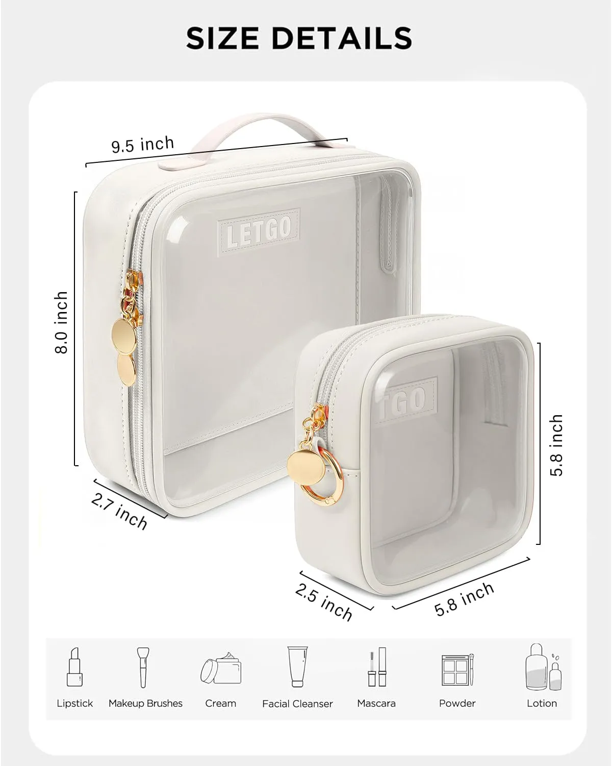 Clear Makeup Bags Set - TSA Approved Toiletry Bag with Handle Large Opening, Clear Toiletry Bags for Traveling Travel Essentials Travel Size Toiletries Car Accessories for Women (Large Mini White)