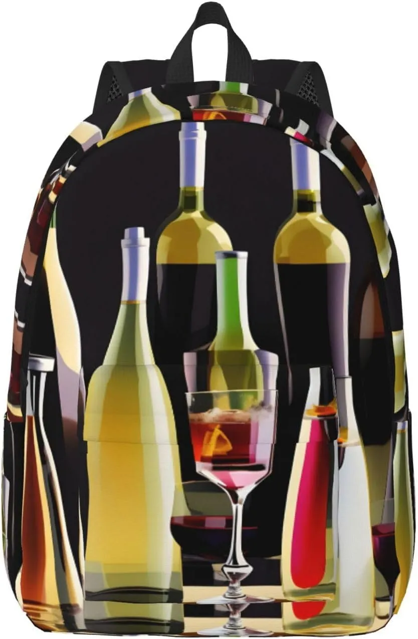 Cocktail Glasses And Wine Bottles Print Canvas Backpack Women,Mens Travel Casual Daypack Bookbag For Laptop Work Travel Hiking