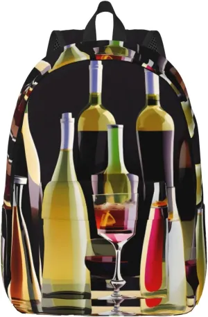 Cocktail Glasses And Wine Bottles Print Canvas Backpack Women,Mens Travel Casual Daypack Bookbag For Laptop Work Travel Hiking