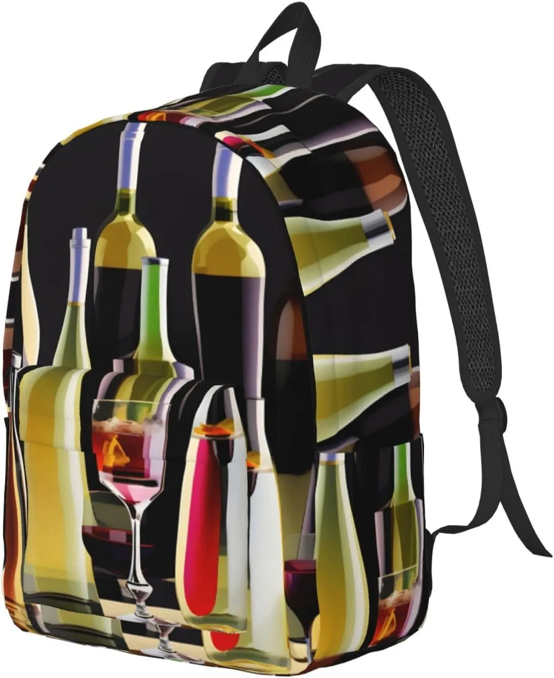 Cocktail Glasses And Wine Bottles Print Canvas Backpack Women,Mens Travel Casual Daypack Bookbag For Laptop Work Travel Hiking