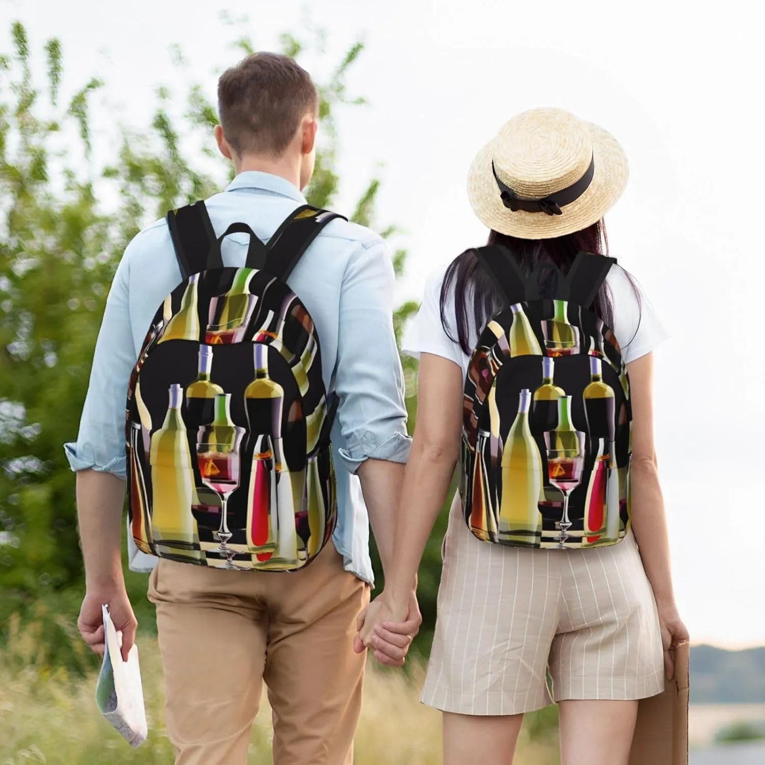Cocktail Glasses And Wine Bottles Print Canvas Backpack Women,Mens Travel Casual Daypack Bookbag For Laptop Work Travel Hiking