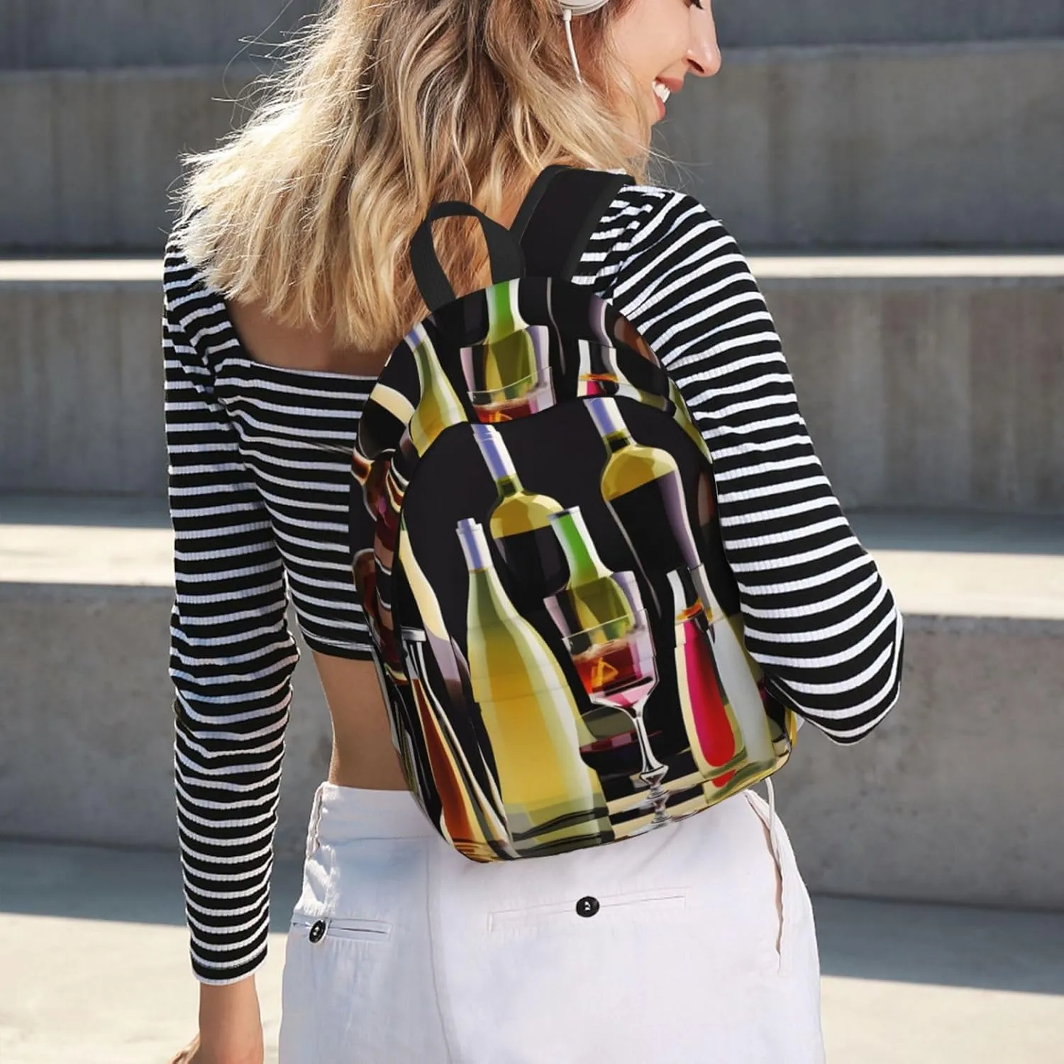 Cocktail Glasses And Wine Bottles Print Canvas Backpack Women,Mens Travel Casual Daypack Bookbag For Laptop Work Travel Hiking