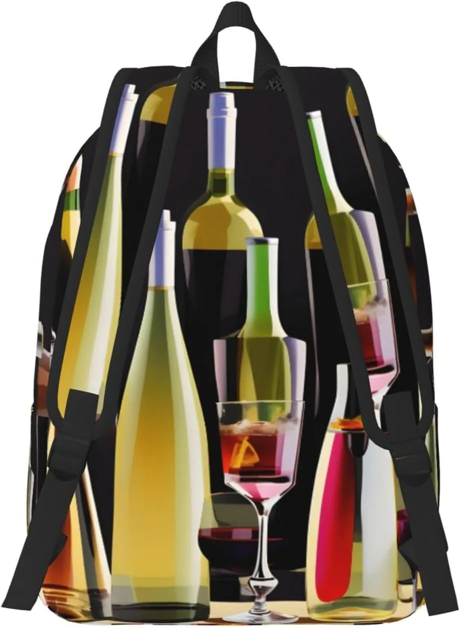 Cocktail Glasses And Wine Bottles Print Canvas Backpack Women,Mens Travel Casual Daypack Bookbag For Laptop Work Travel Hiking