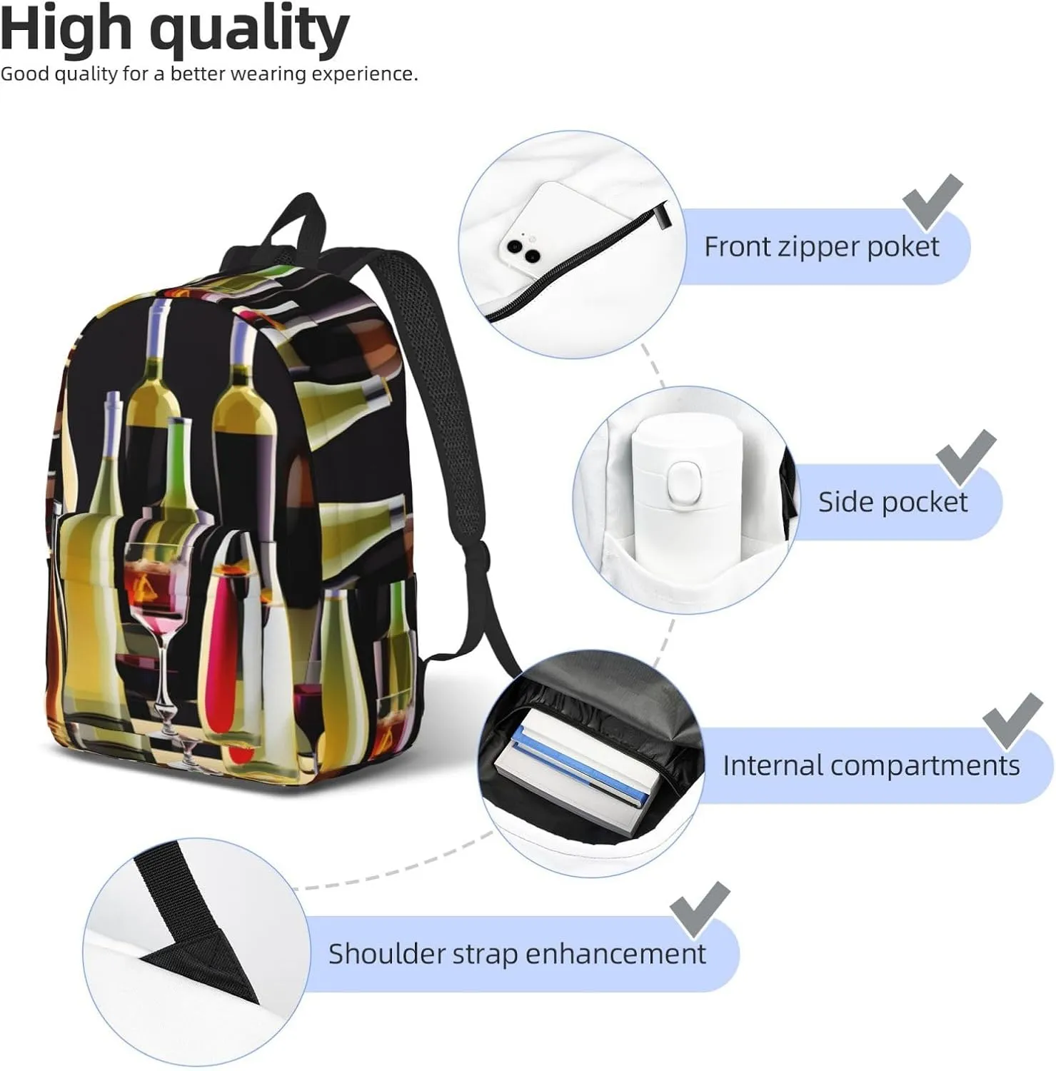 Cocktail Glasses And Wine Bottles Print Canvas Backpack Women,Mens Travel Casual Daypack Bookbag For Laptop Work Travel Hiking