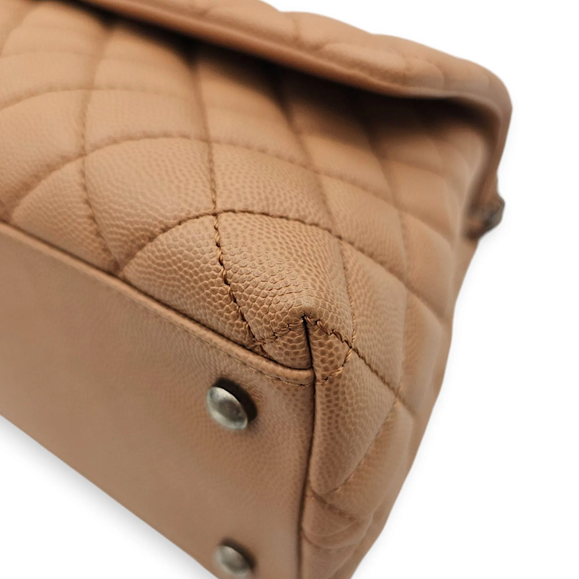 Coco Handle Quilted Medium Caramel Shoulder Bag in Caviar Leather, Ruthenium hardware