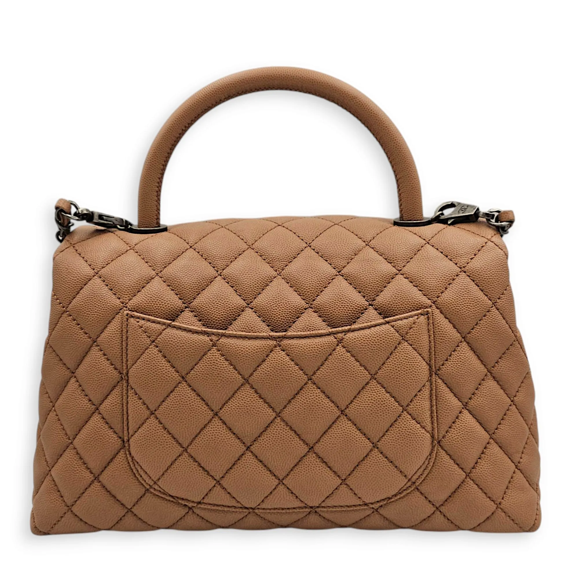 Coco Handle Quilted Medium Caramel Shoulder Bag in Caviar Leather, Ruthenium hardware