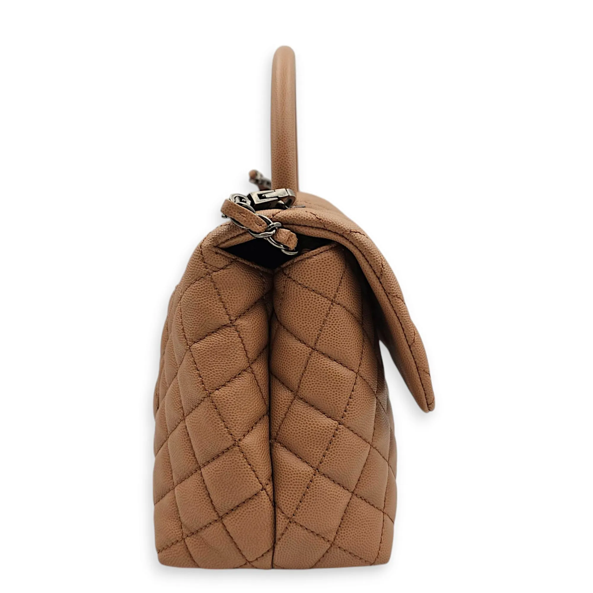Coco Handle Quilted Medium Caramel Shoulder Bag in Caviar Leather, Ruthenium hardware