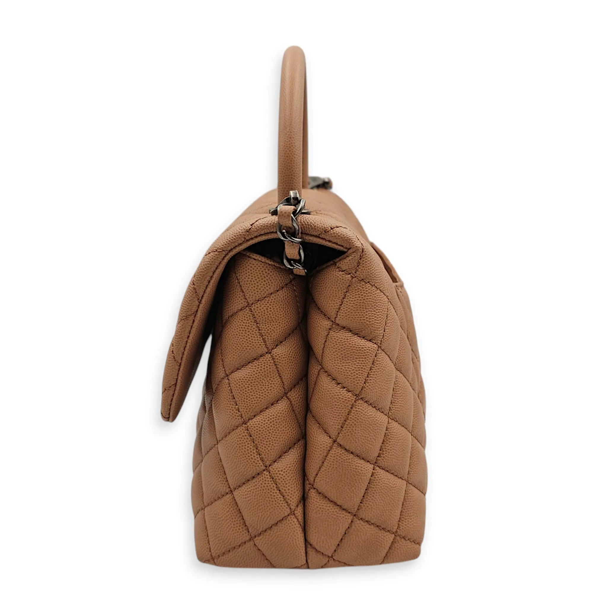 Coco Handle Quilted Medium Caramel Shoulder Bag in Caviar Leather, Ruthenium hardware