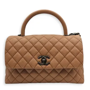 Coco Handle Quilted Medium Caramel Shoulder Bag in Caviar Leather, Ruthenium hardware