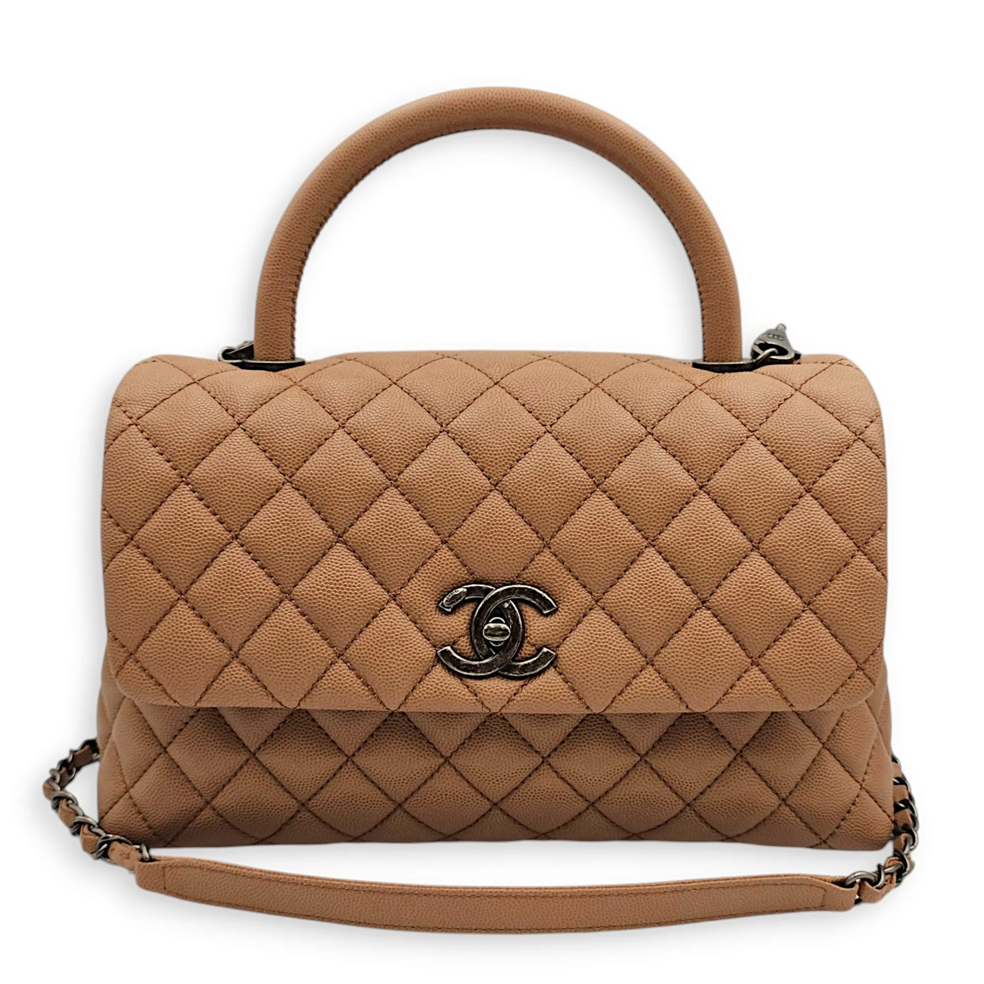 Coco Handle Quilted Medium Caramel Shoulder Bag in Caviar Leather, Ruthenium hardware