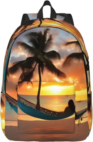 Coconut Beach Sunset Hammock Print Canvas Backpack Women,Mens Travel Casual Daypack Bookbag For Laptop Work Travel Hiking