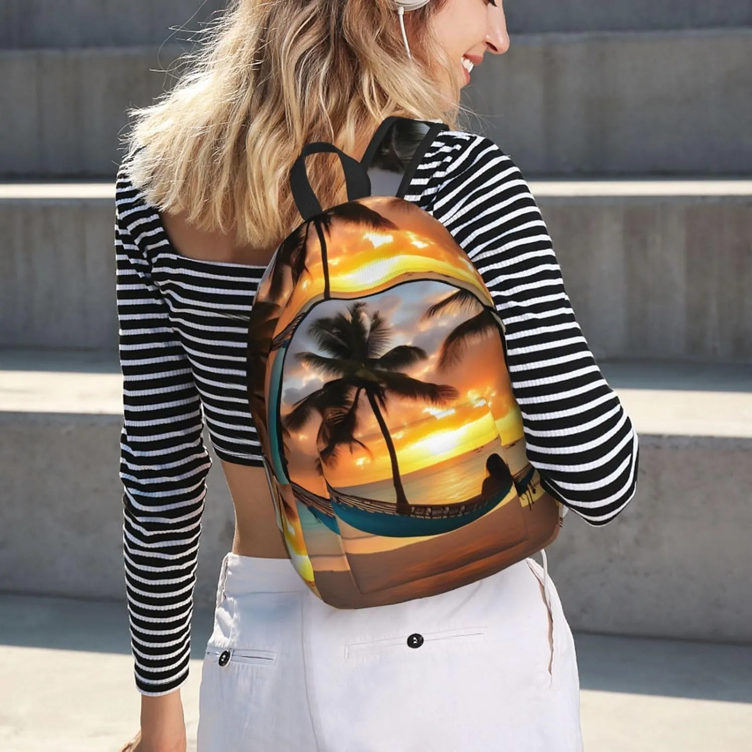 Coconut Beach Sunset Hammock Print Canvas Backpack Women,Mens Travel Casual Daypack Bookbag For Laptop Work Travel Hiking