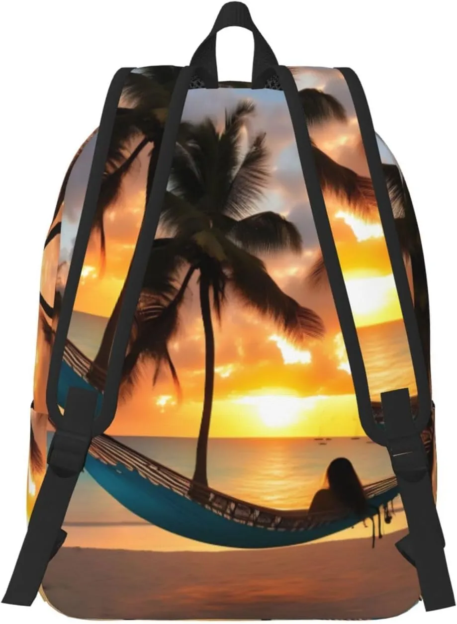 Coconut Beach Sunset Hammock Print Canvas Backpack Women,Mens Travel Casual Daypack Bookbag For Laptop Work Travel Hiking