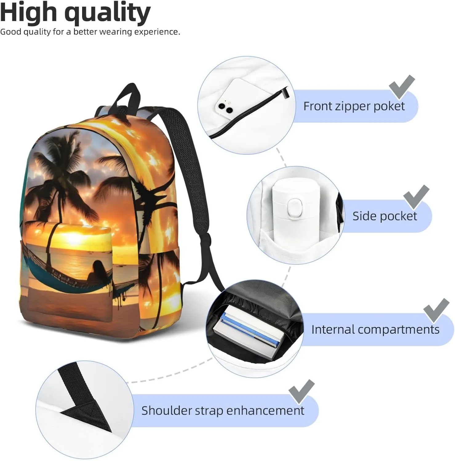 Coconut Beach Sunset Hammock Print Canvas Backpack Women,Mens Travel Casual Daypack Bookbag For Laptop Work Travel Hiking