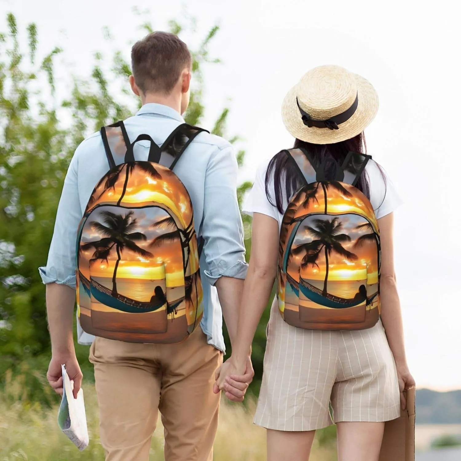 Coconut Beach Sunset Hammock Print Canvas Backpack Women,Mens Travel Casual Daypack Bookbag For Laptop Work Travel Hiking