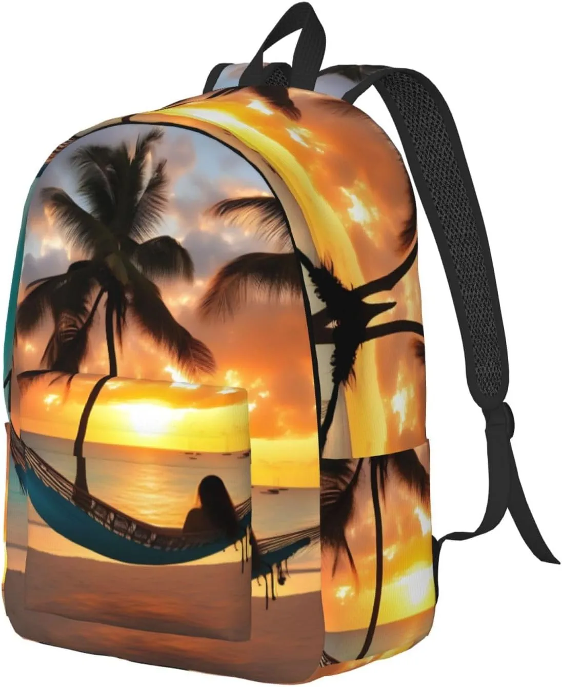 Coconut Beach Sunset Hammock Print Canvas Backpack Women,Mens Travel Casual Daypack Bookbag For Laptop Work Travel Hiking