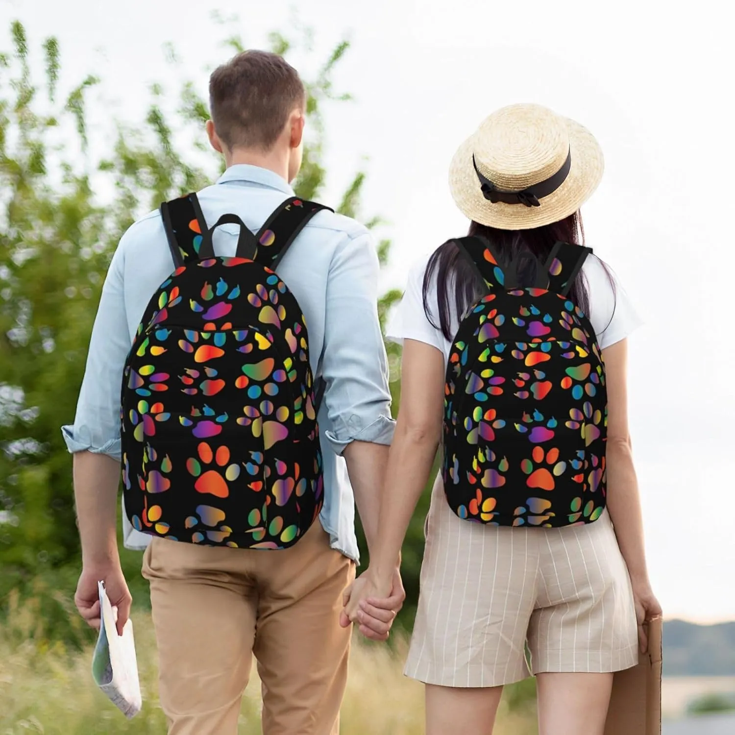 Colorful Dog Paw Print Canvas Backpack Women,Mens Travel Casual Daypack Bookbag For Laptop Work Travel Hiking