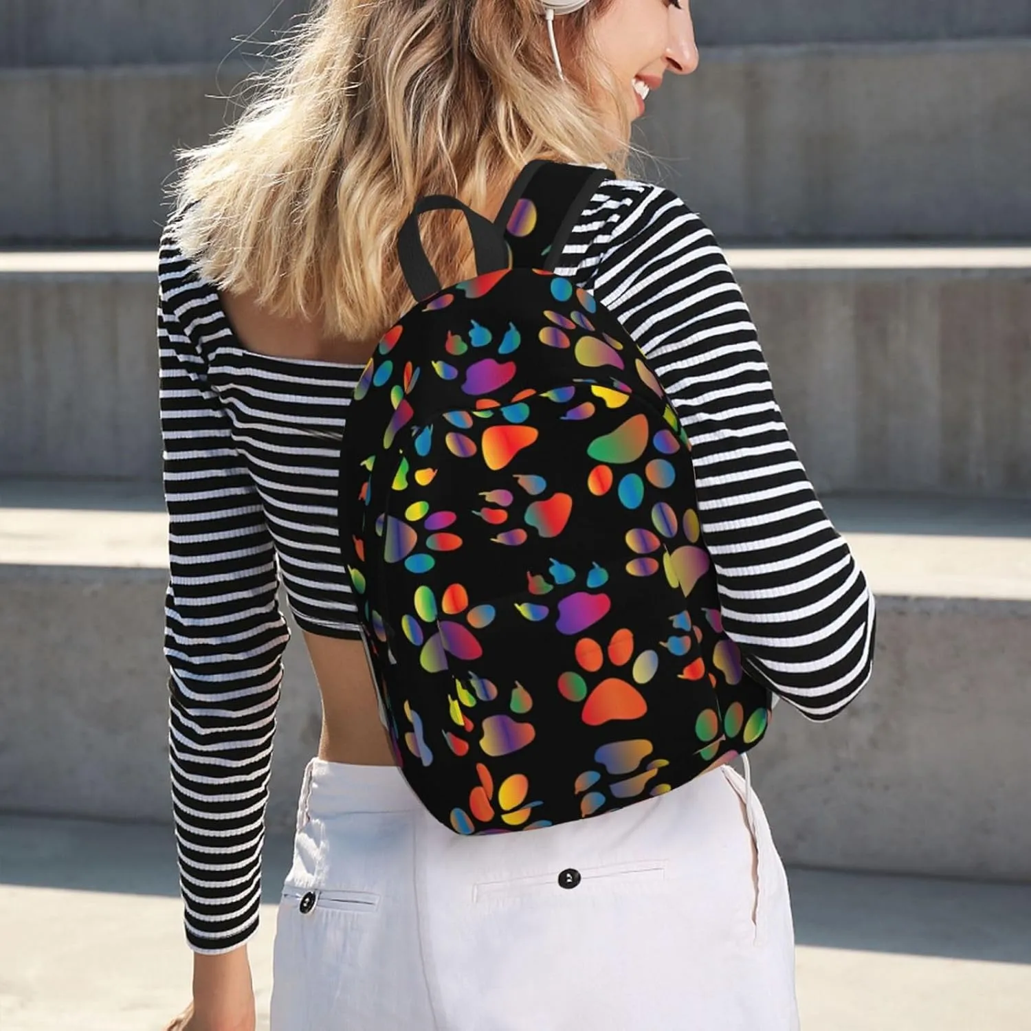 Colorful Dog Paw Print Canvas Backpack Women,Mens Travel Casual Daypack Bookbag For Laptop Work Travel Hiking