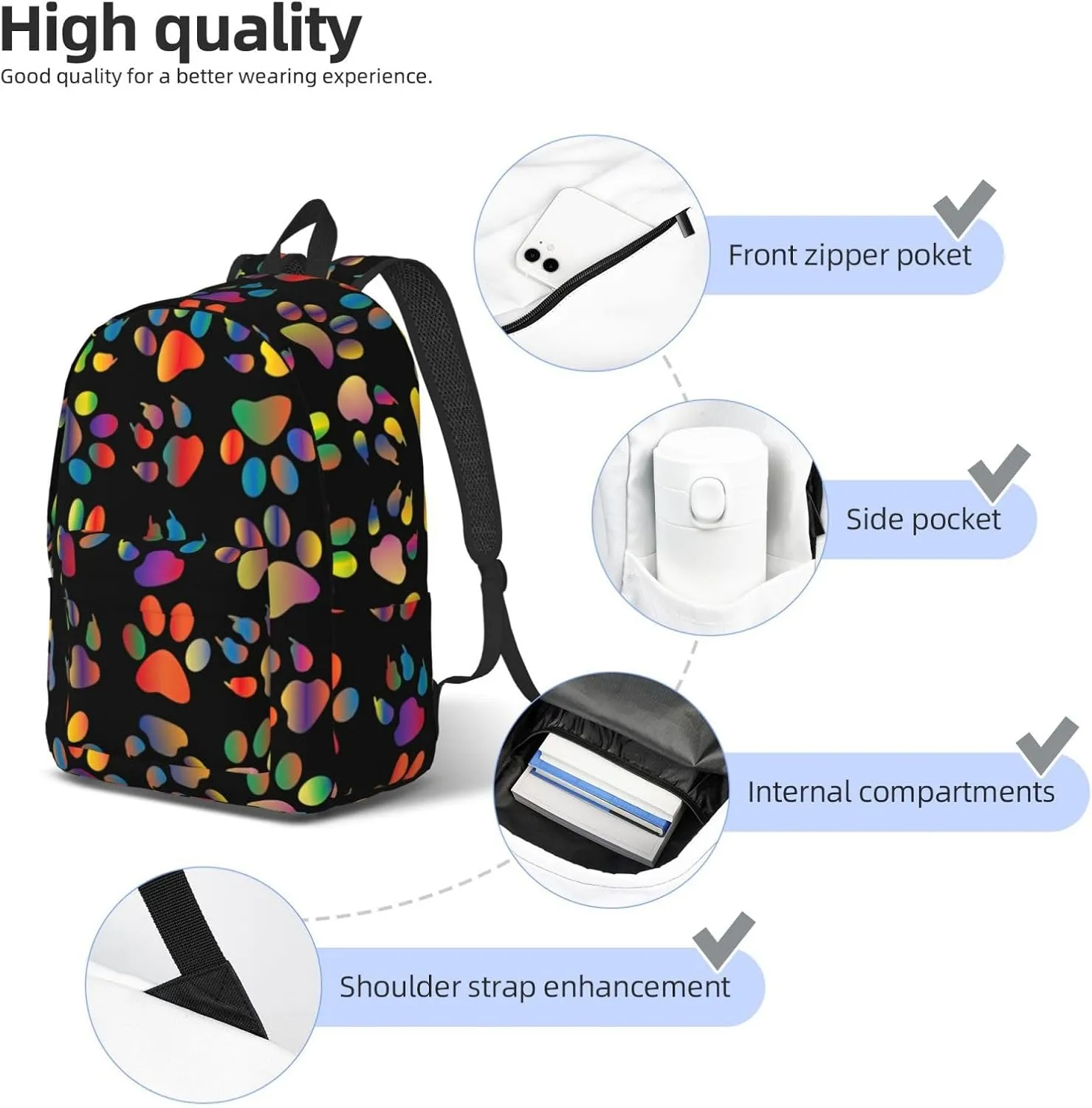 Colorful Dog Paw Print Canvas Backpack Women,Mens Travel Casual Daypack Bookbag For Laptop Work Travel Hiking
