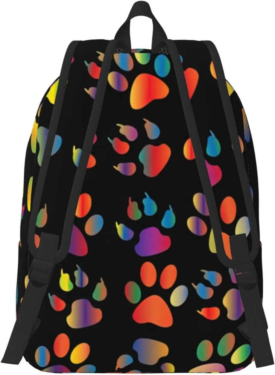 Colorful Dog Paw Print Canvas Backpack Women,Mens Travel Casual Daypack Bookbag For Laptop Work Travel Hiking