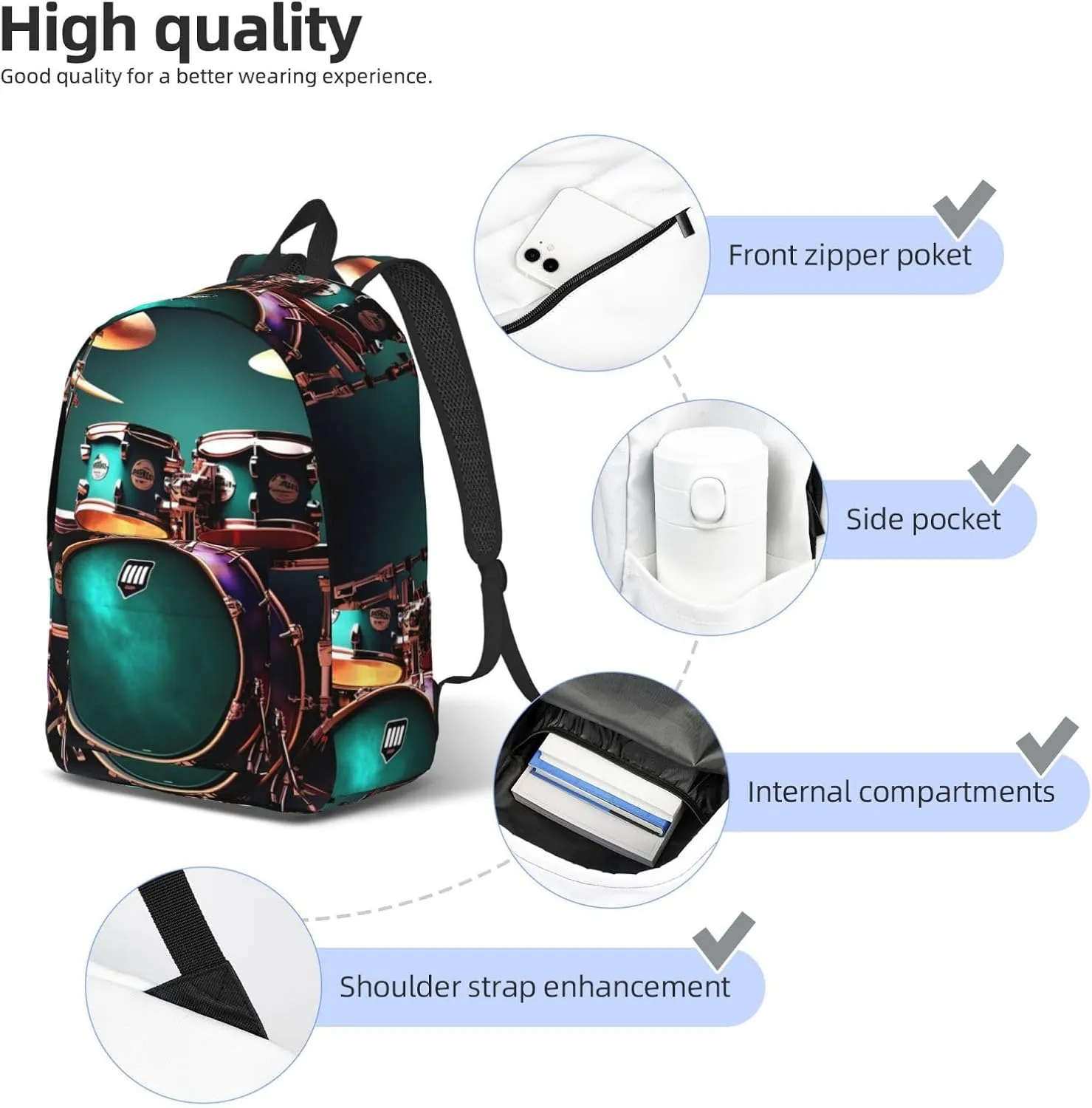 Cool Drum Set Print Canvas Backpack Women,Mens Travel Casual Daypack Bookbag For Laptop Work Travel Hiking