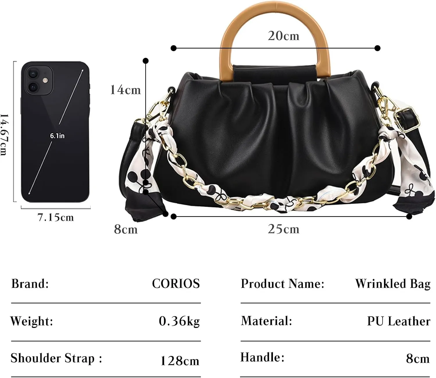 CORIOS Women's Pleated Handbag PU Leather Shoulder Bags Cloud Shape Shoulder Bags Small Capacity Tote Bag Retro Tote Bag Elegant Messenger Bag