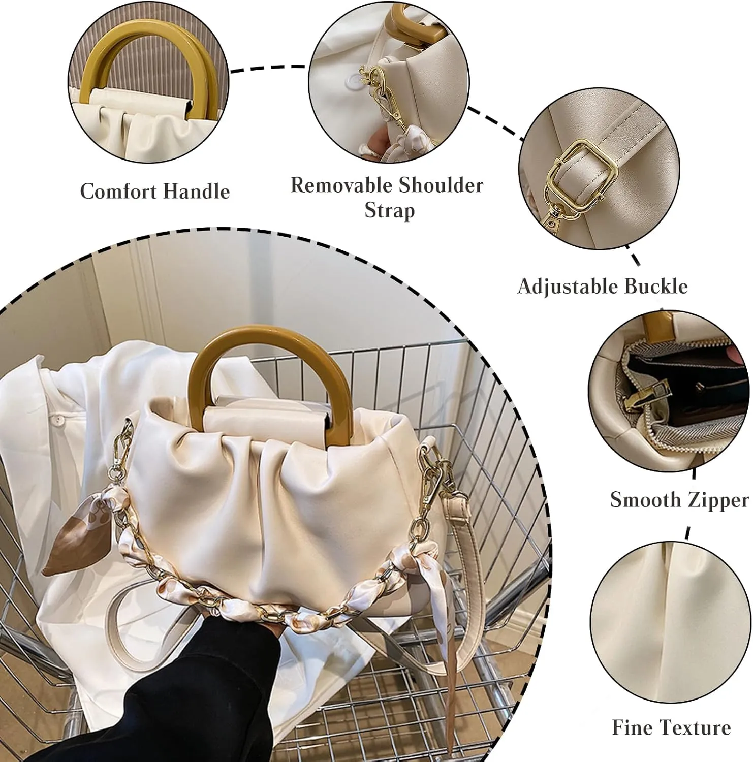 CORIOS Women's Pleated Handbag PU Leather Shoulder Bags Cloud Shape Shoulder Bags Small Capacity Tote Bag Retro Tote Bag Elegant Messenger Bag