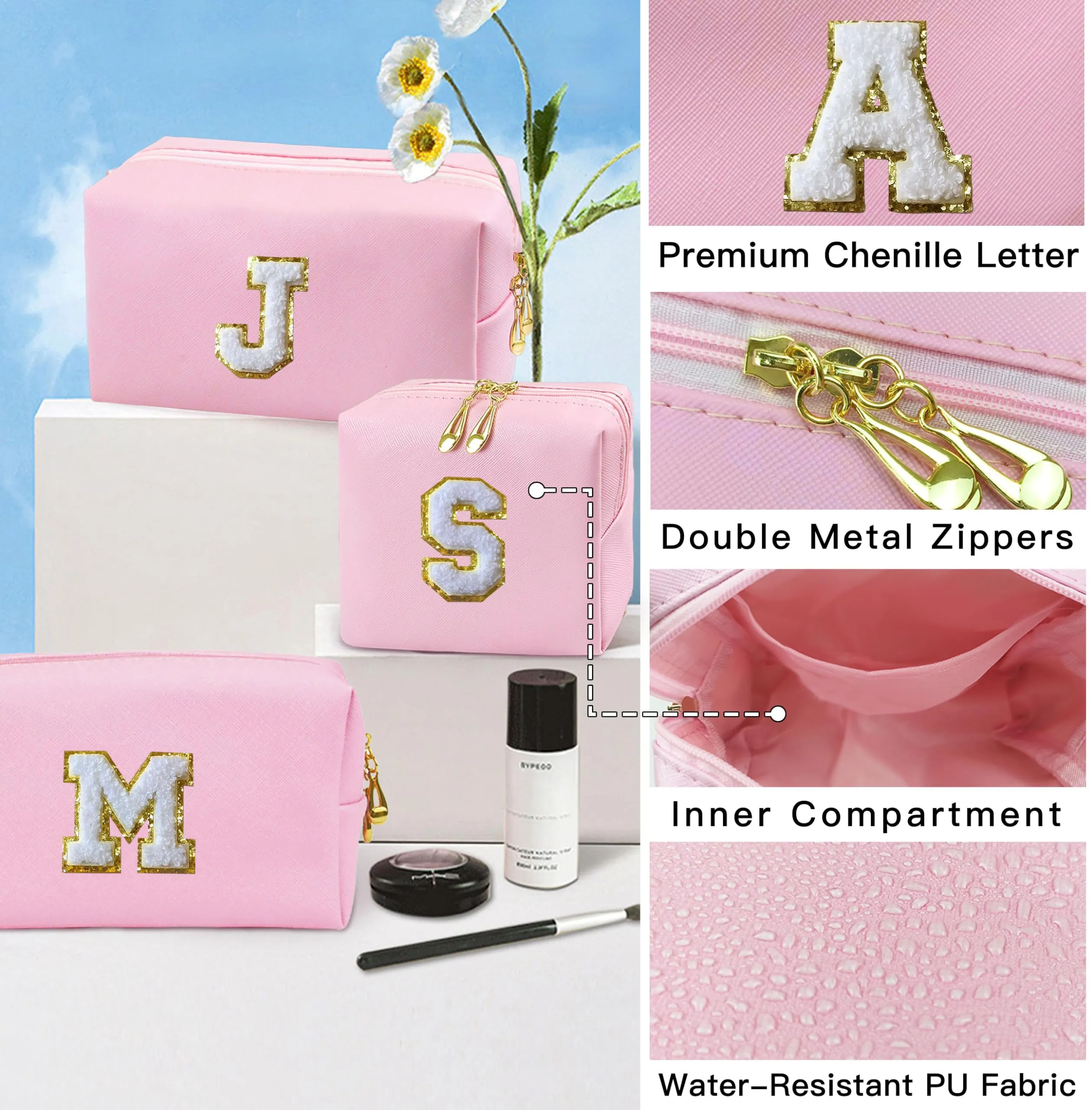 COSHAYSOO 2Pcs Initial Makeup Bags Set Cosmetic Period Pouch Sanitary Napkin Storage Tampon Pad Holder for Purse, Preppy Cute Chenille Letter Patch Trendy Birthday Gift for Teen Girl Women Pink A