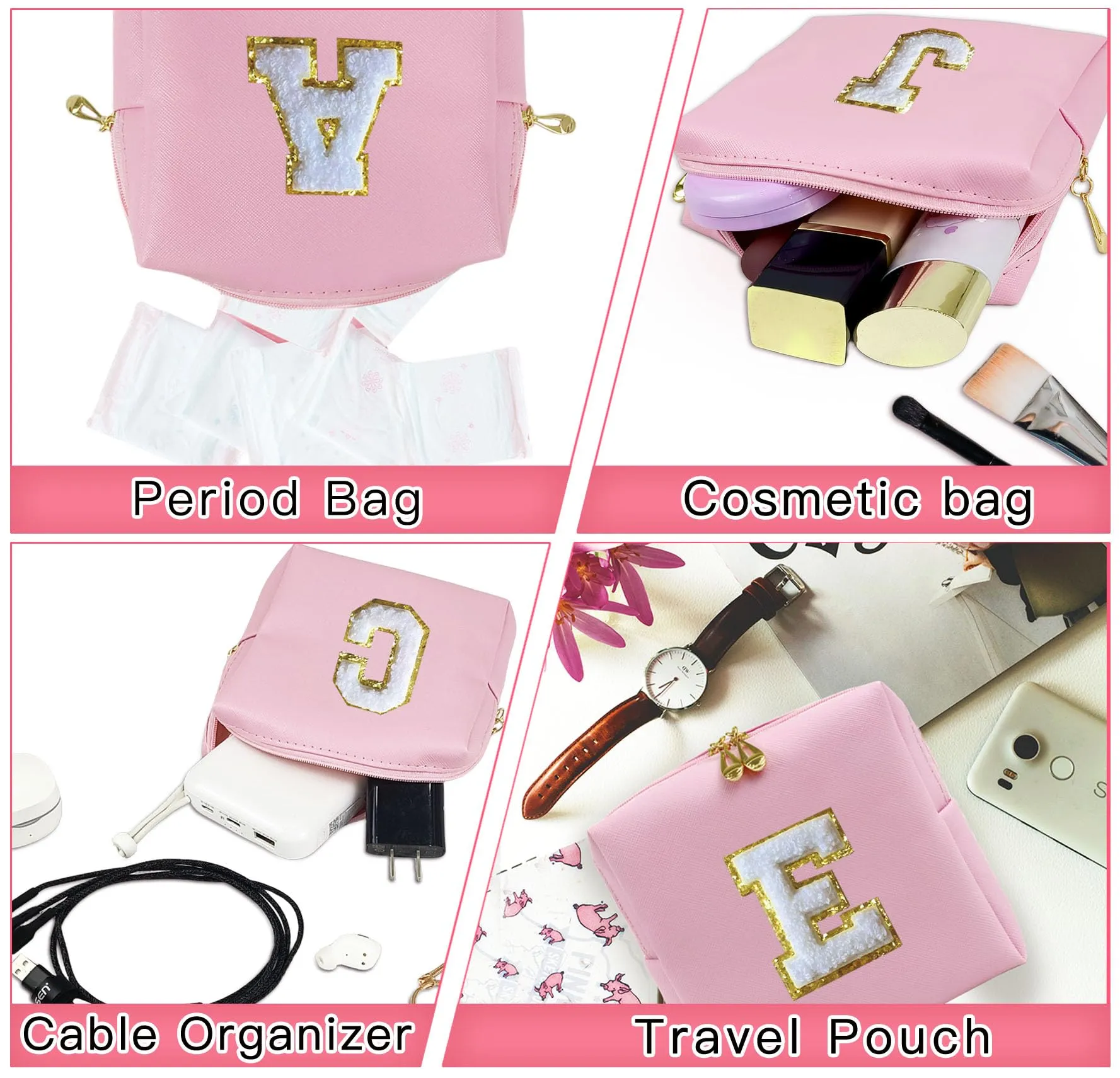 COSHAYSOO 2Pcs Initial Makeup Bags Set Cosmetic Period Pouch Sanitary Napkin Storage Tampon Pad Holder for Purse, Preppy Cute Chenille Letter Patch Trendy Birthday Gift for Teen Girl Women Pink A