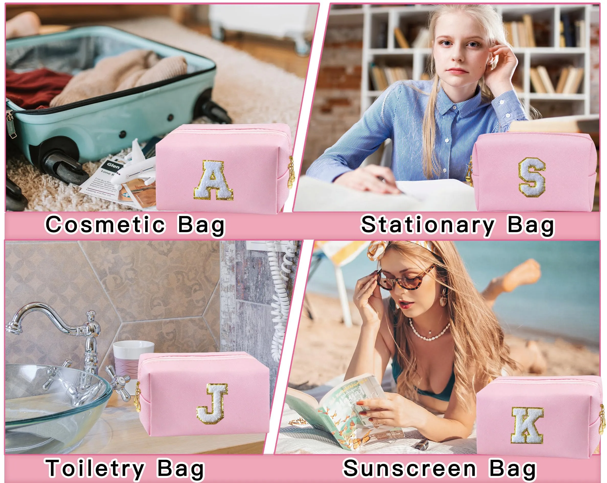 COSHAYSOO 2Pcs Initial Makeup Bags Set Cosmetic Period Pouch Sanitary Napkin Storage Tampon Pad Holder for Purse, Preppy Cute Chenille Letter Patch Trendy Birthday Gift for Teen Girl Women Pink A
