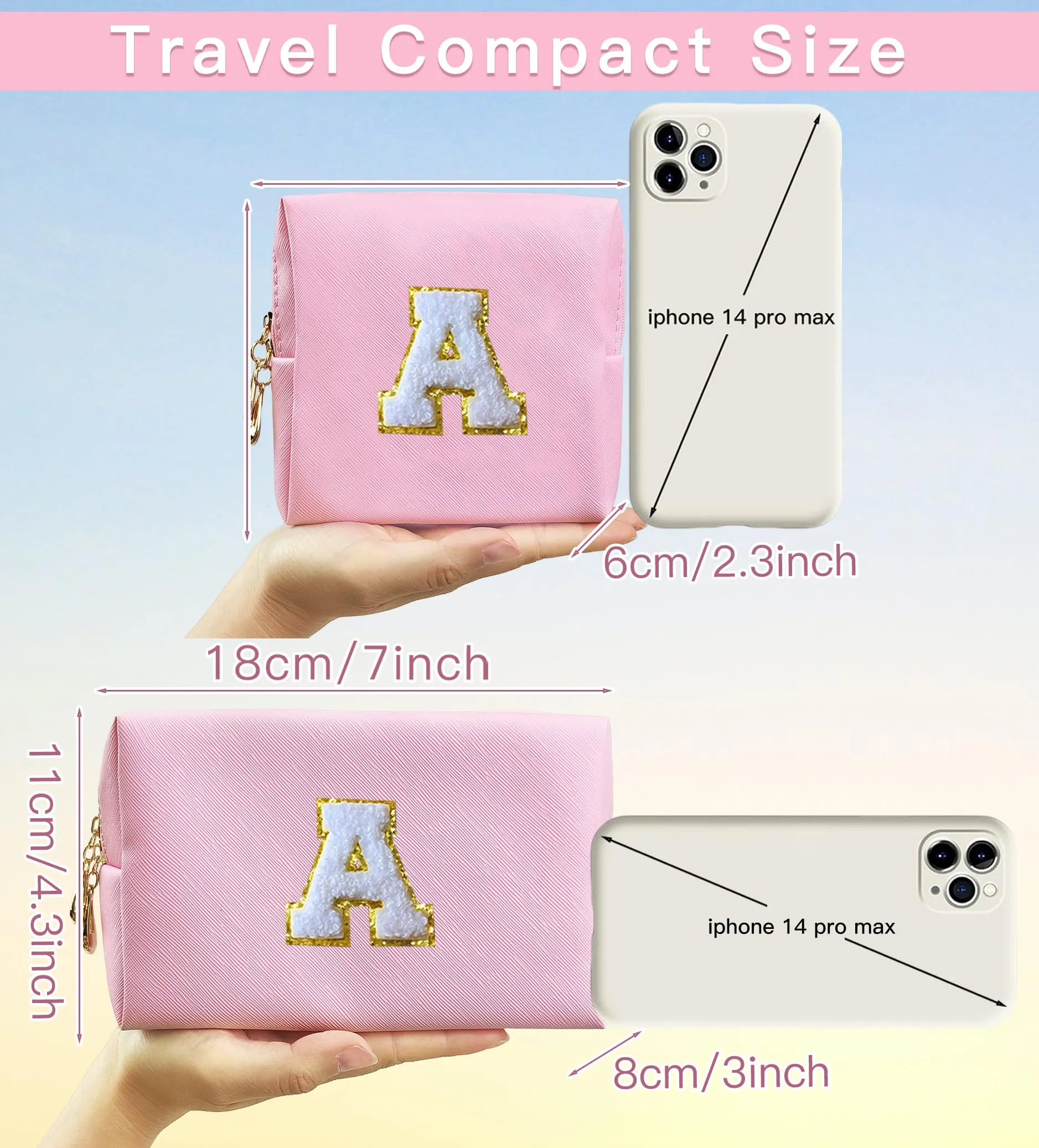COSHAYSOO 2Pcs Initial Makeup Bags Set Cosmetic Period Pouch Sanitary Napkin Storage Tampon Pad Holder for Purse, Preppy Cute Chenille Letter Patch Trendy Birthday Gift for Teen Girl Women Pink A