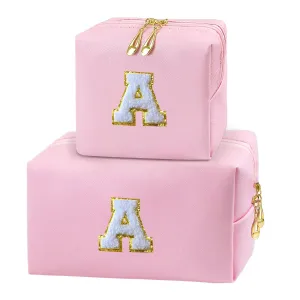 COSHAYSOO 2Pcs Initial Makeup Bags Set Cosmetic Period Pouch Sanitary Napkin Storage Tampon Pad Holder for Purse, Preppy Cute Chenille Letter Patch Trendy Birthday Gift for Teen Girl Women Pink A