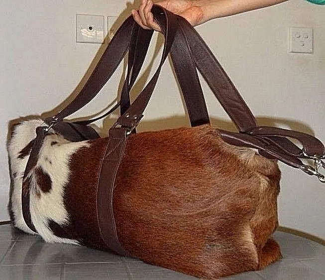 cow fur weekender bag black brown white