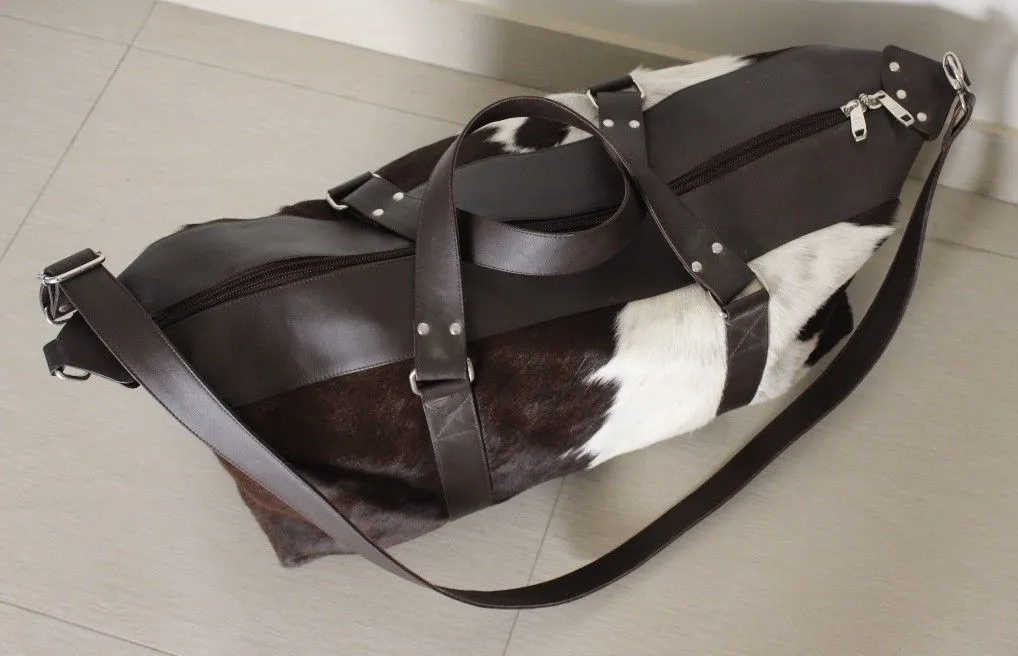 cow fur weekender bag black brown white