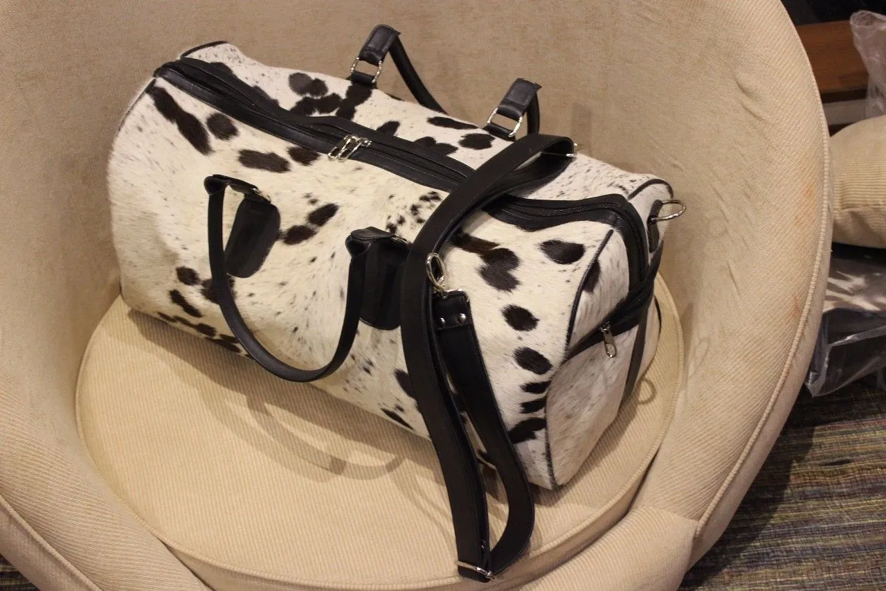 cow fur weekender bag black brown white