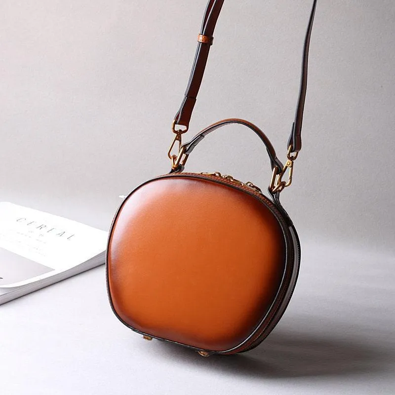 Cowhide Bags, Leather Women's Bags, Retro Bags, Shoulder Messenger Bags, Handbags, Fashionable Round Bags