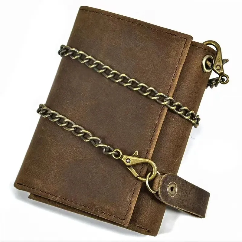Crazy Horse Leather Wallet for Men with Anti-theft Chain Trifold Male Clutch Money Bag