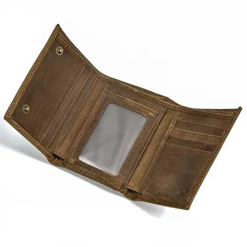 Crazy Horse Leather Wallet for Men with Anti-theft Chain Trifold Male Clutch Money Bag
