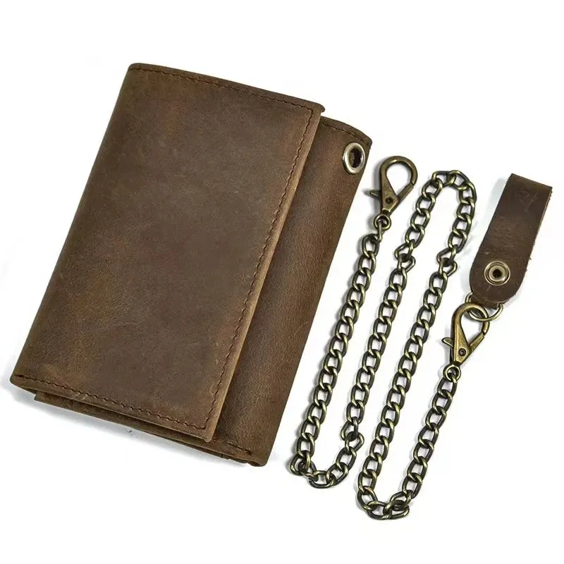 Crazy Horse Leather Wallet for Men with Anti-theft Chain Trifold Male Clutch Money Bag
