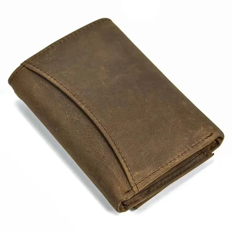 Crazy Horse Leather Wallet for Men with Anti-theft Chain Trifold Male Clutch Money Bag