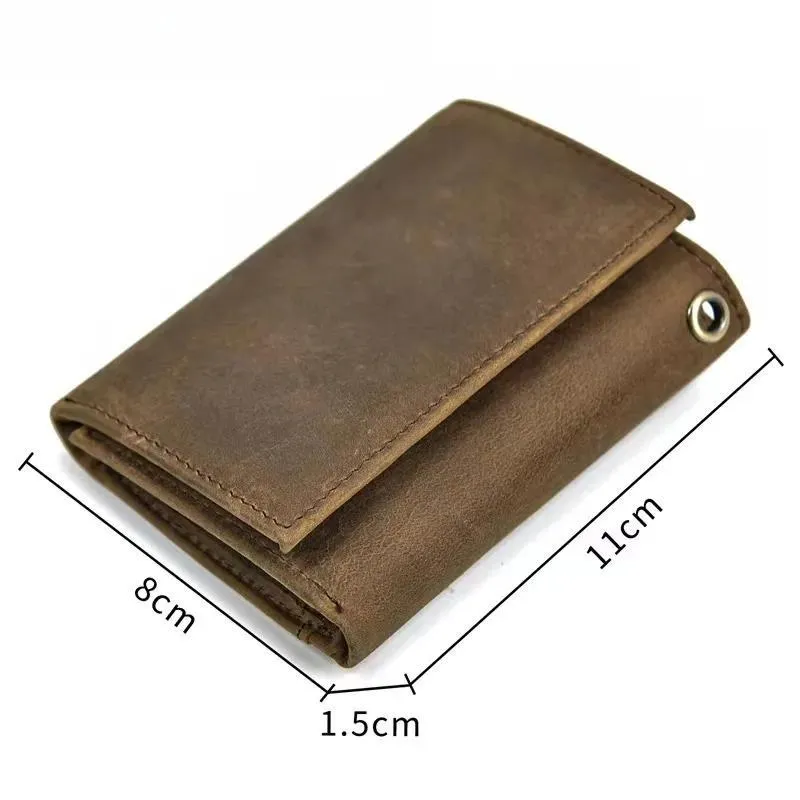 Crazy Horse Leather Wallet for Men with Anti-theft Chain Trifold Male Clutch Money Bag