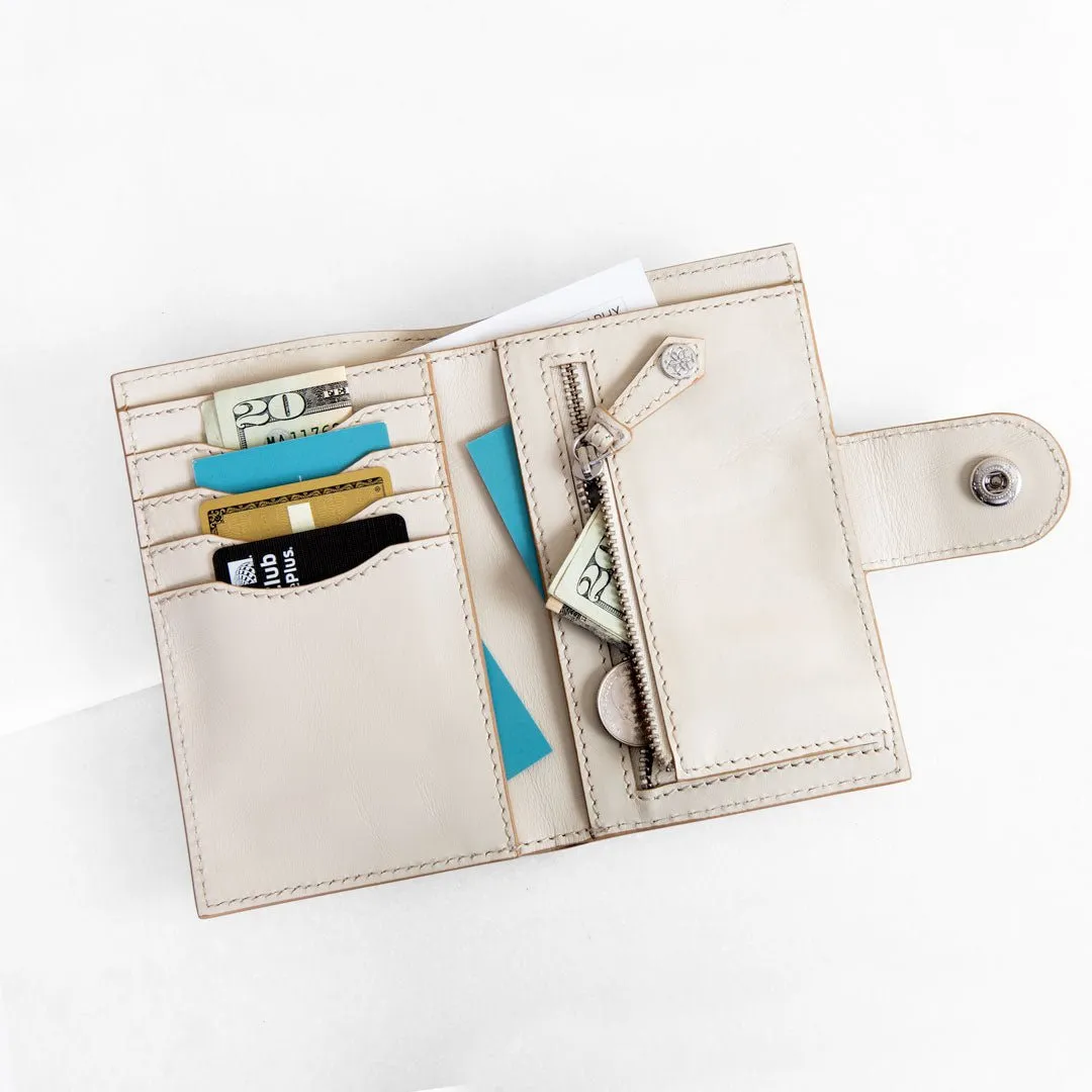 Creston - Leather Wallet with Brass hardware and Custom Snap Ivory Leather Folding Wallet