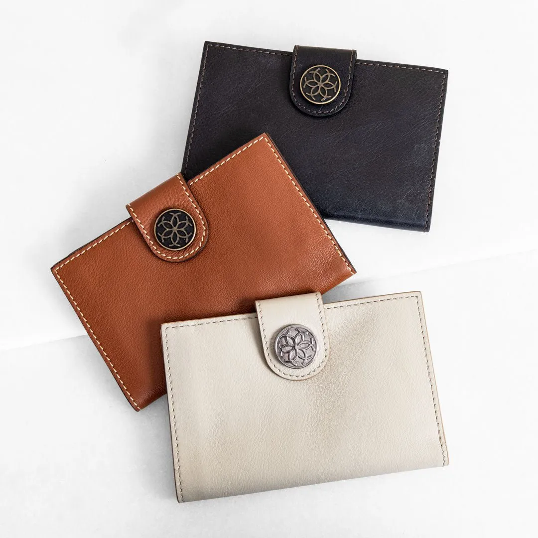 Creston - Leather Wallet with Brass hardware and Custom Snap Ivory Leather Folding Wallet