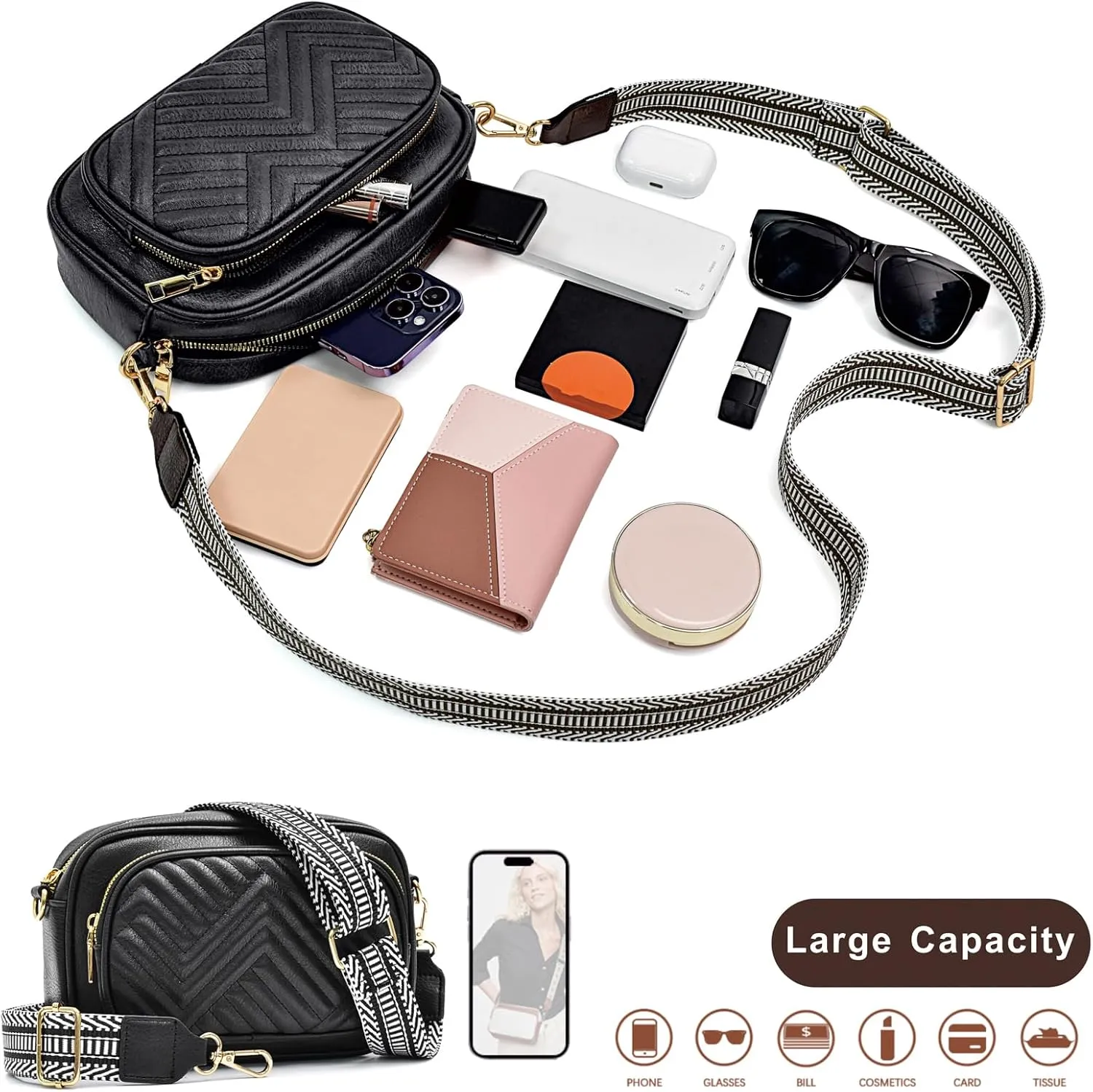 Crossbody Bags for Women Quilted Crossbody Purses Crossbody Bags Trendy Small Shoulder Bag with Wide Strap
