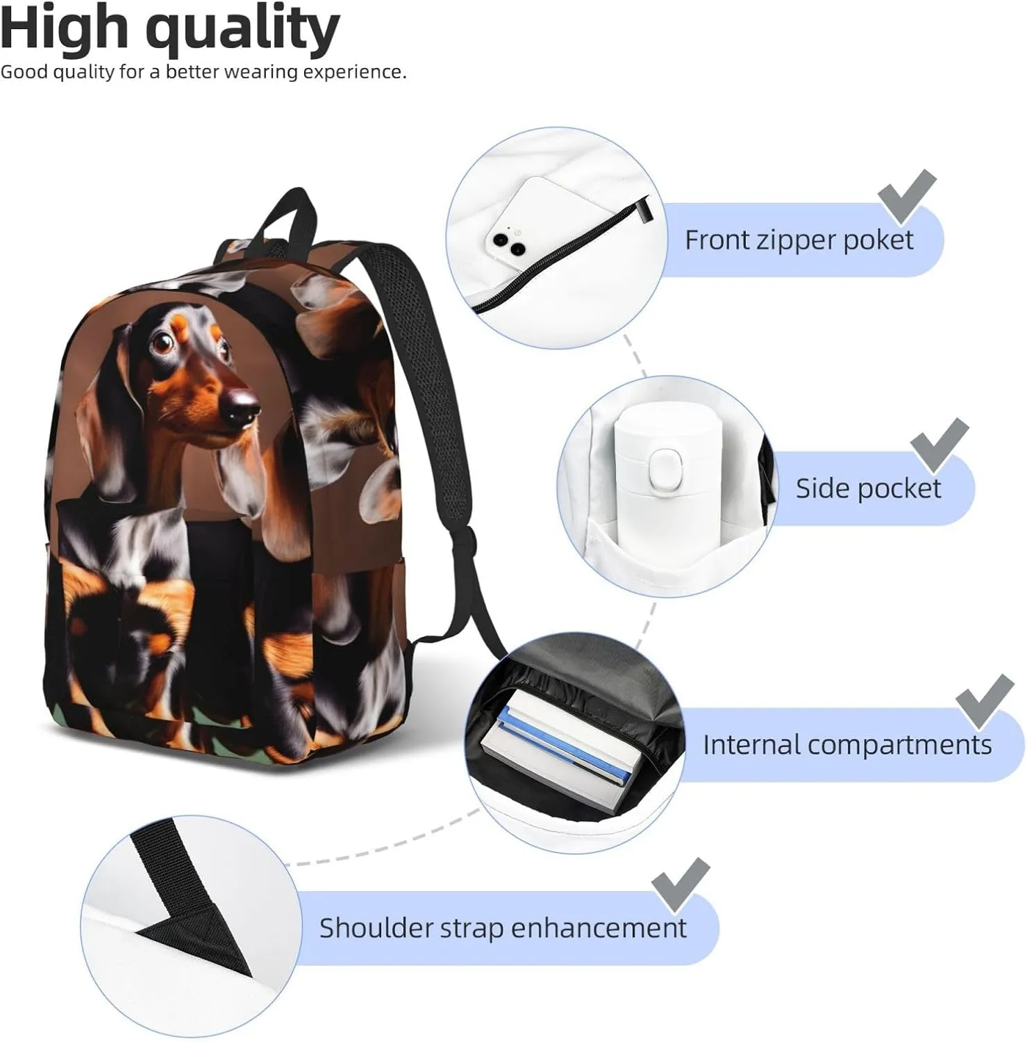 Dachshund Weiner Dog Print Canvas Backpack Women,Mens Travel Casual Daypack Bookbag For Laptop Work Travel Hiking