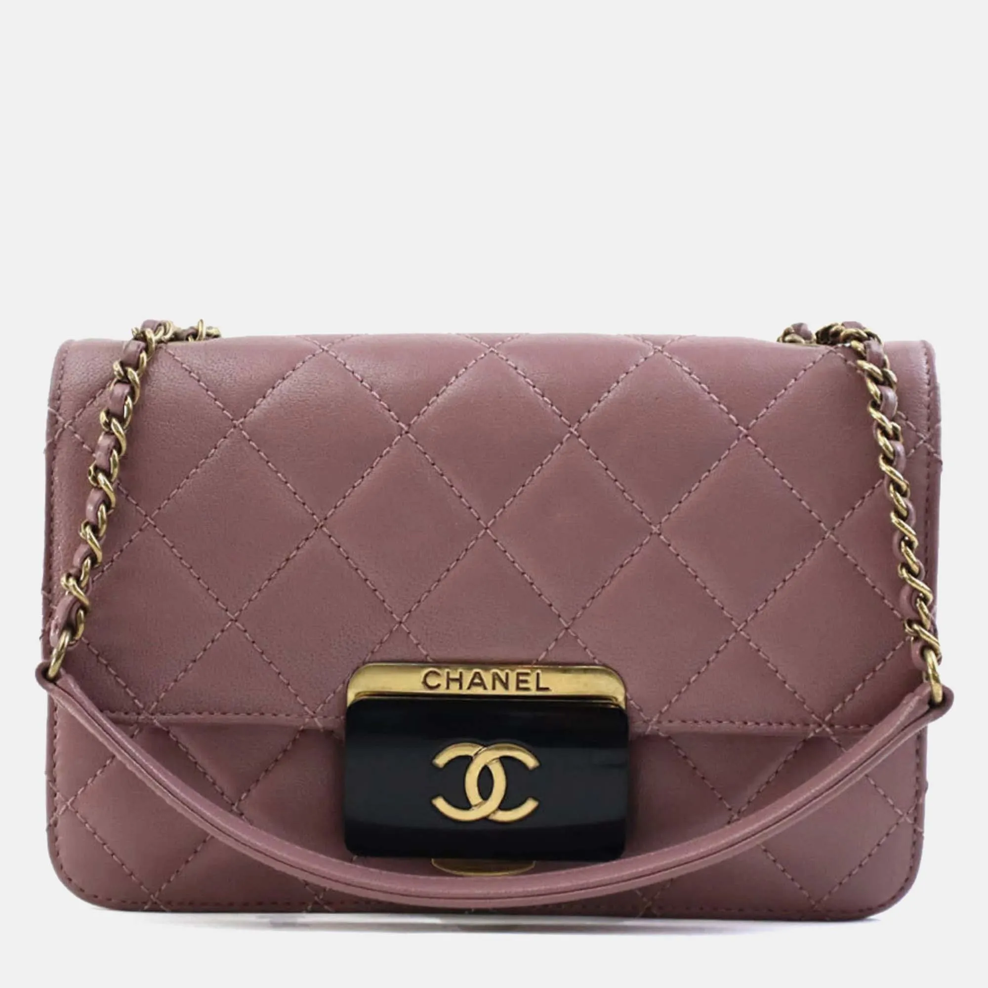 Dark Pink Gold Leather Matelasse Shoulder Bag