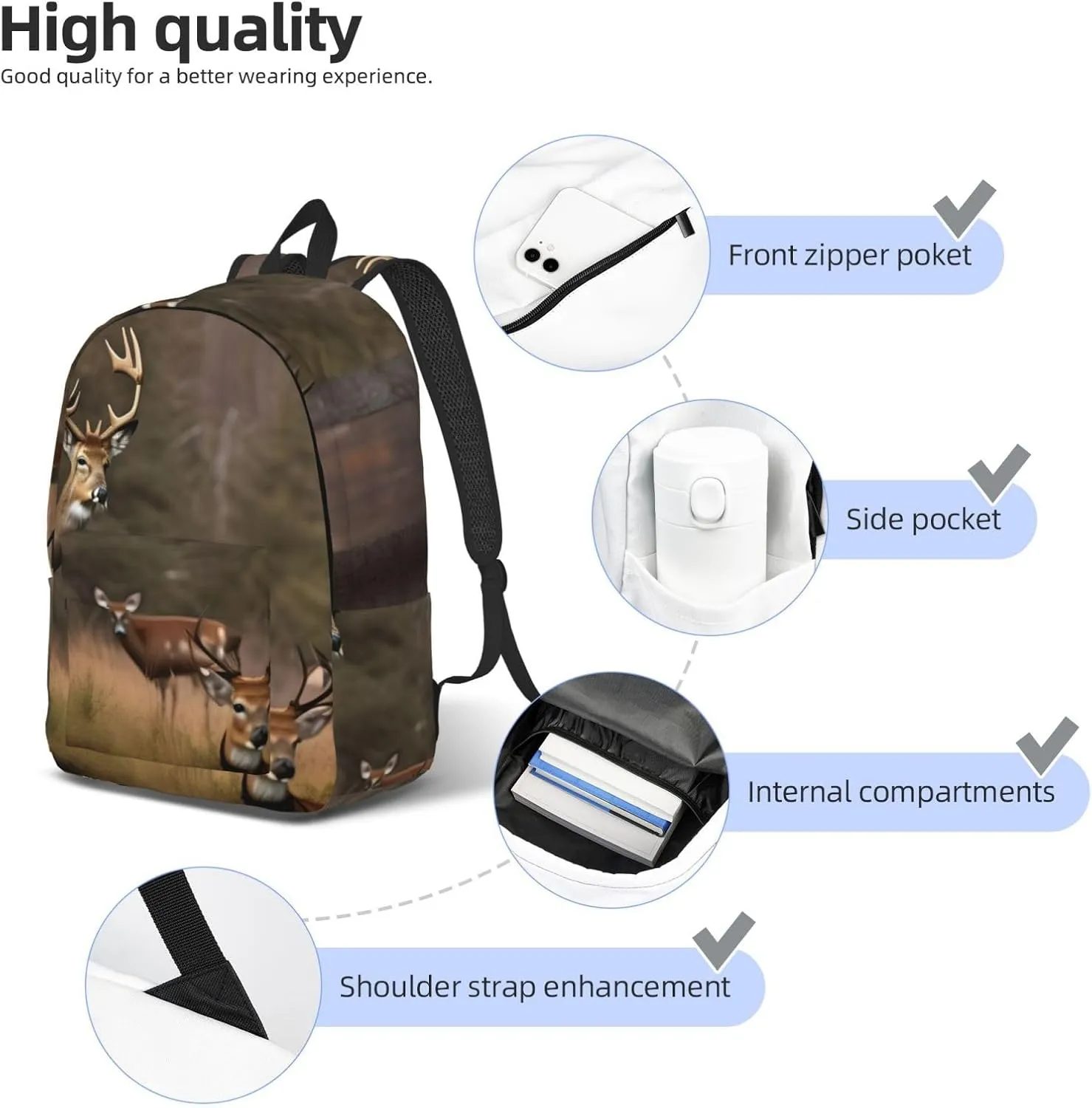 Deer Hunting Print Canvas Backpack Women,Mens Travel Casual Daypack Bookbag For Laptop Work Travel Hiking